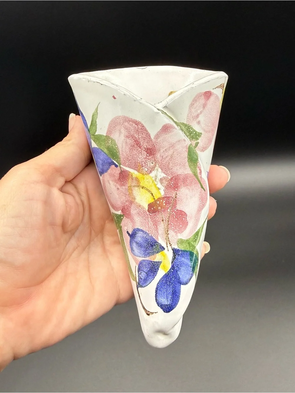 Judy Greene Pottery Floral Wall Pocket Vase Vintage Hand Made In Galway, Ireland